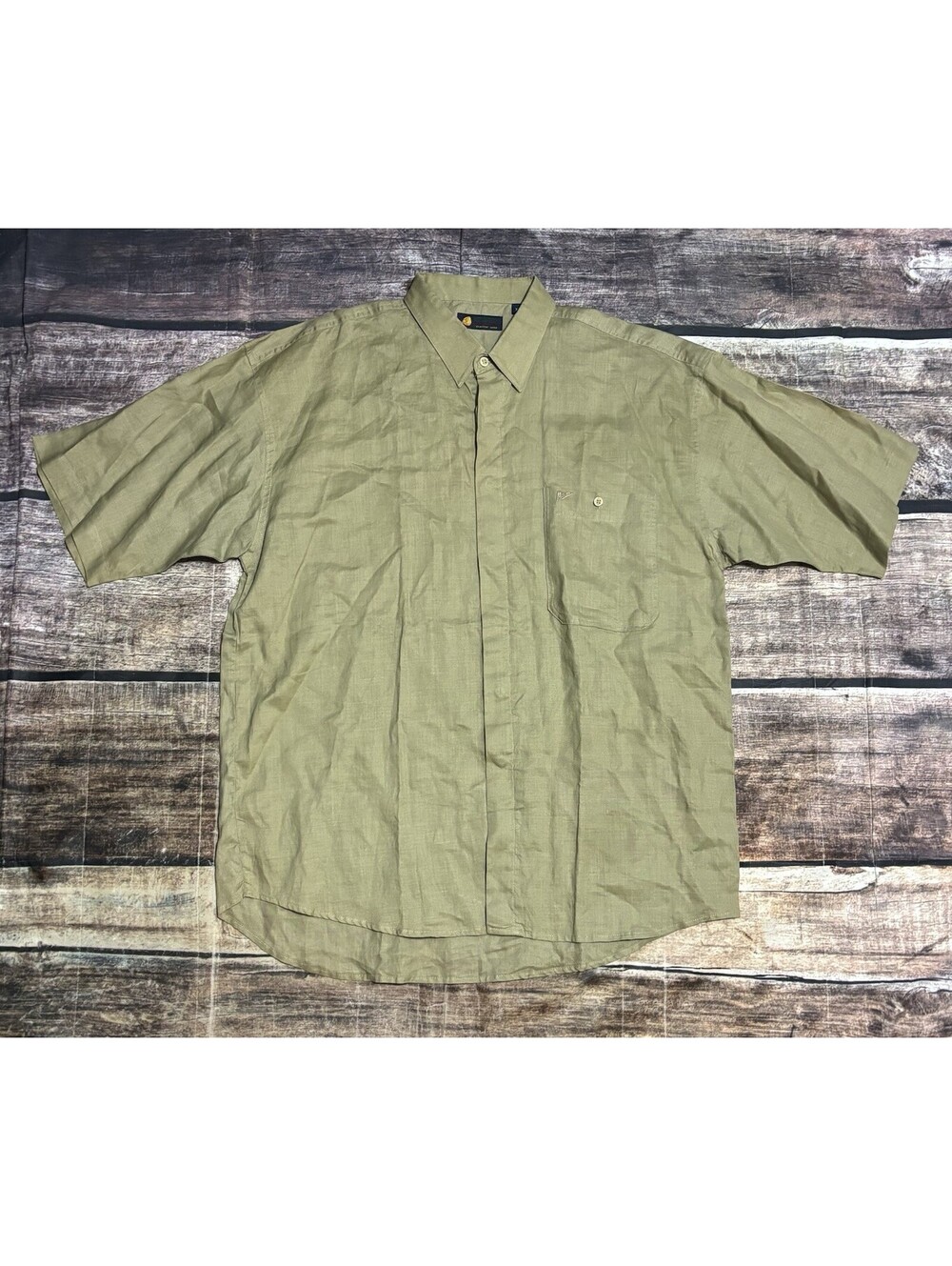 Mango Shirt Mens XL Linen Button Up Short Sleeve Pocket Green Italian